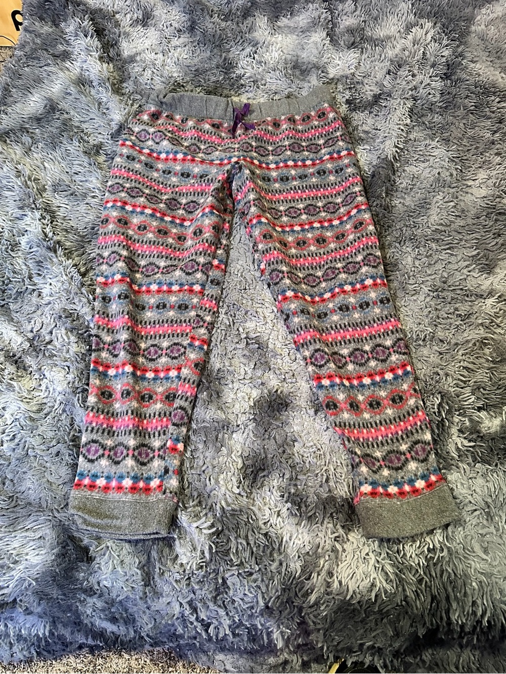 Cuddl Duds Gray Fair Isle Loungewear Pants with Pink and Blue Accents